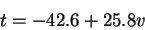 \begin{displaymath}t = -42.6 + 25.8 v \end{displaymath}